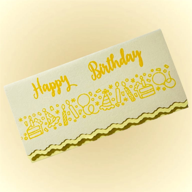 Happy birthday card, bright yellow party theme with matching insert. 