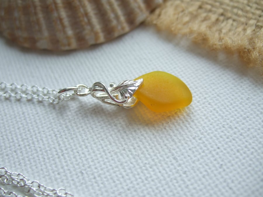 Yellow sea glass pendant, yellow beach glass necklace, Spanish sea glass