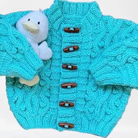 Baby  Boy Cardigan in Aqua Blue- Cable Pattern-Toggle Buttons- Age 3 - 6 months