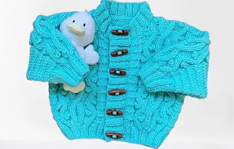 Baby  Boy Cardigan in Aqua Blue- Cable Pattern-Toggle Buttons- Age 3 - 6 months