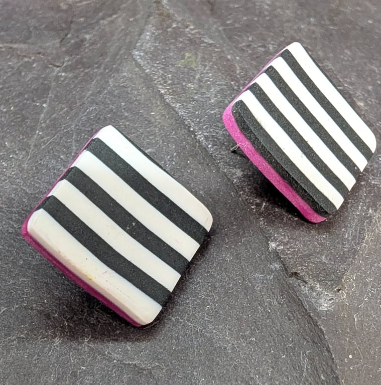 Monocrhome stripe square studs, bold geometric, with hot pink detail