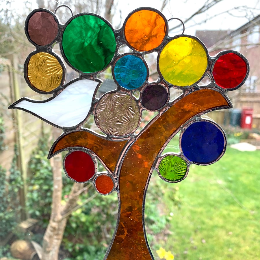 Stained Glass Bird in a Tree Suncatcher - Handmade Window Decoration 