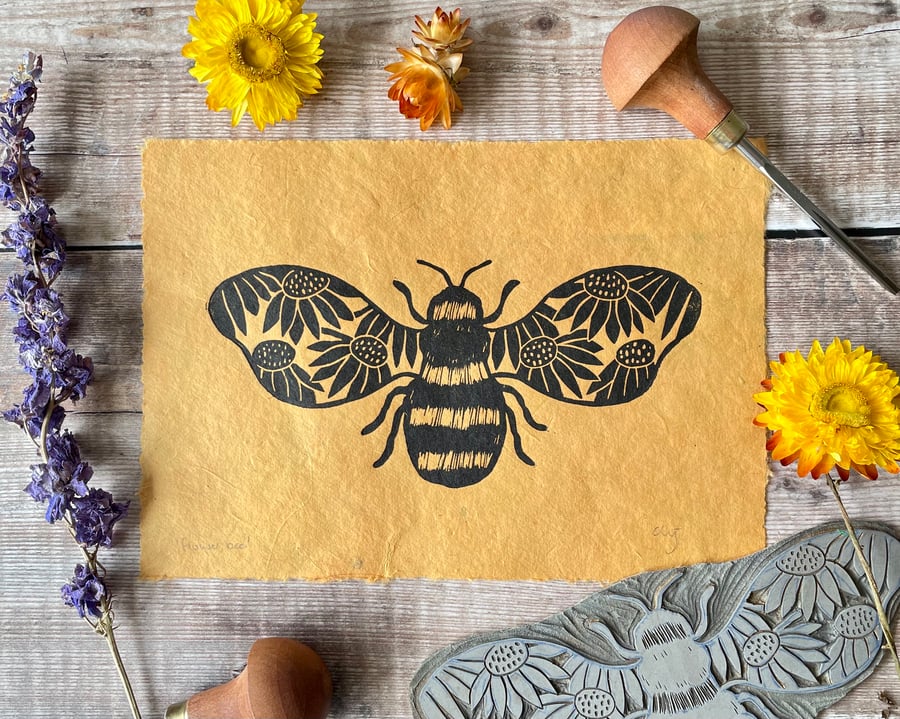 Flower bee lino print on yellow