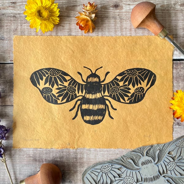 Flower bee lino print on yellow