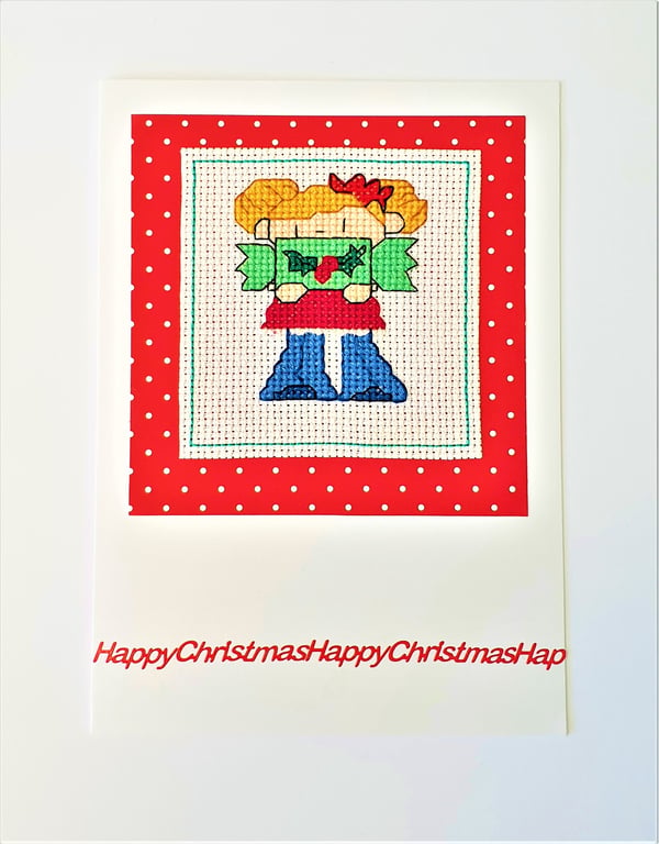 Christmas Cracker Girl cross stitch card with "Happy Christmas" wording
