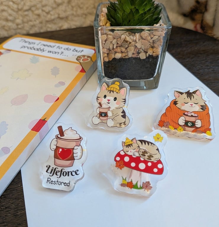 Autumn cat Acrylic Pin Badge, Coffee Cat Brooch, Kawaii Cat Gift