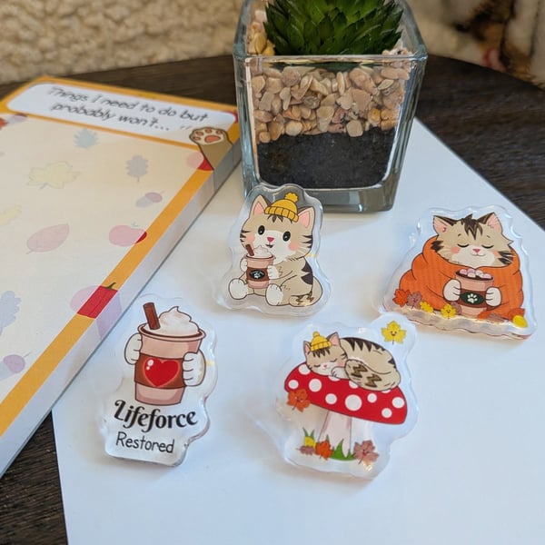 Autumn cat Acrylic Pin Badge, Coffee Cat Brooch, Kawaii Cat Gift