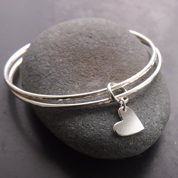 Sterling Silver Double Bangle with Heart Charm