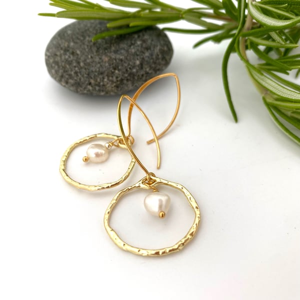 Gold Plated Silver, Pearl Drop Earrings. Long Hoop Earrings