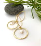 Gold Plated Silver, Pearl Drop Earrings. Long Hoop Earrings