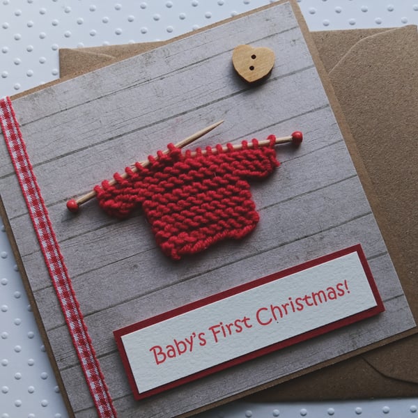 Baby's First Christmas Square Card with Red Knitted Jumper Size 5" x 5"