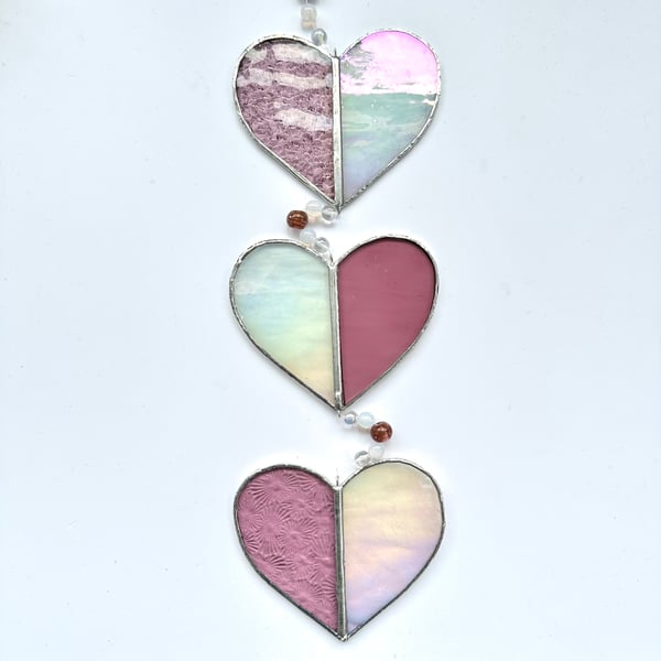 Stained Glass String of Hearts Suncatcher - Hanging Decoration - Pink and White