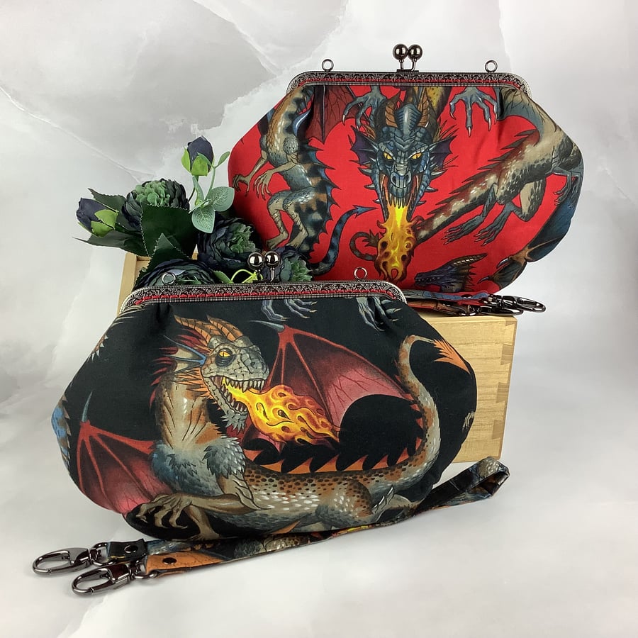 Dragons medium clutch bag, Detachable strap, 2 colour options, Handmade