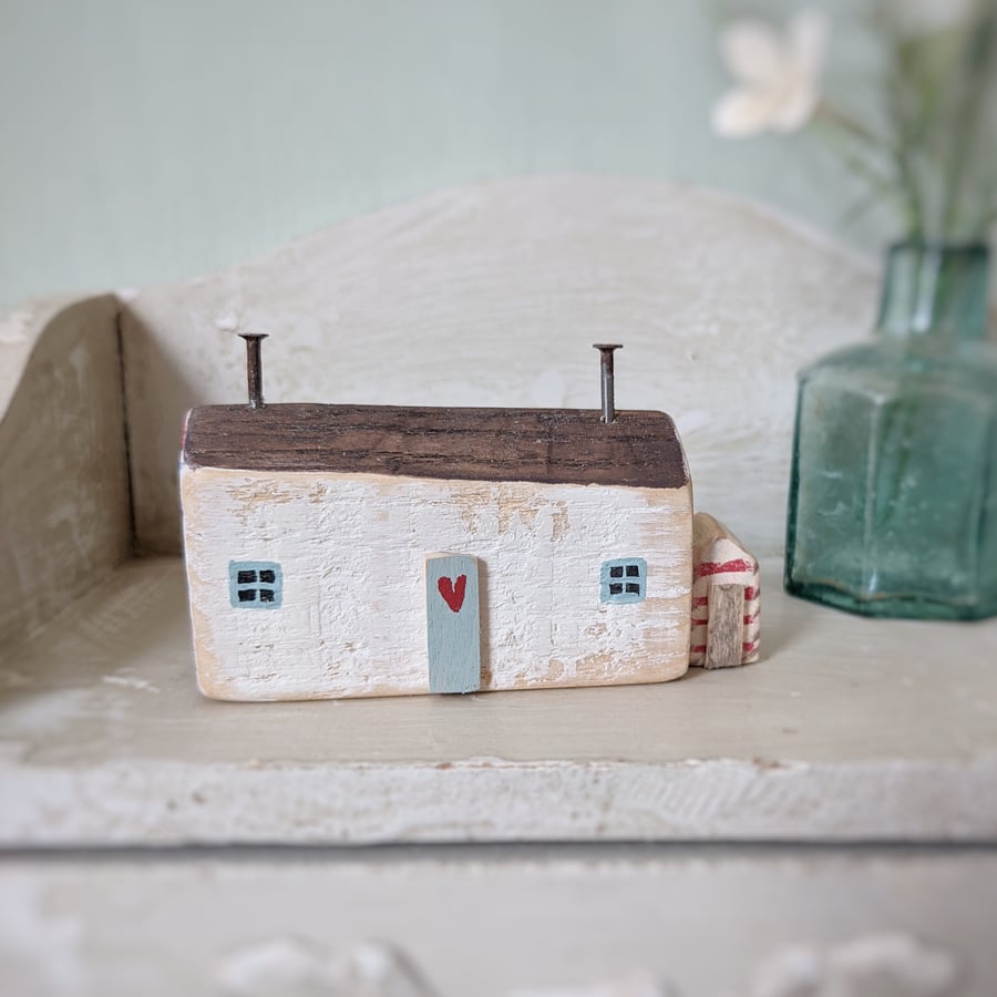Little Handmade Wooden Sea House with Teeny Beach Shed