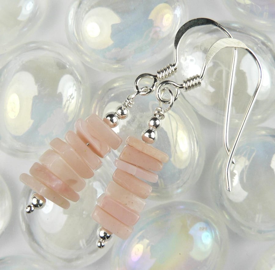 Pink Opal natural stone drop earrings, sterling silver, slices are 4mm