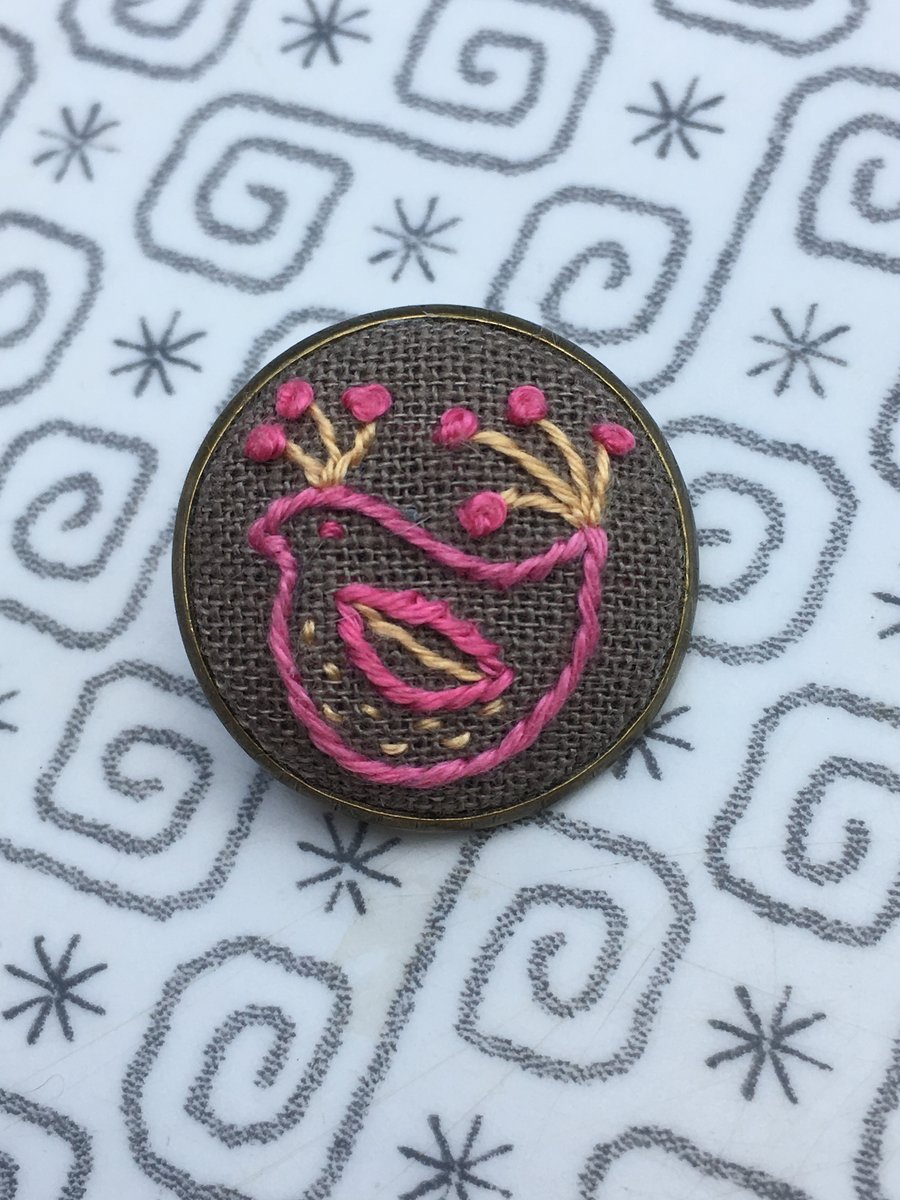 Hand Embroidered Pink Bird Brooch 