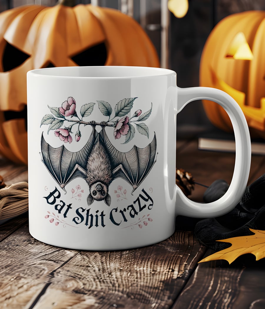 Gothic “Bat Shit Crazy” Mug – Funny Witchy Bat Mug, Goth Coffee Cup, Occult