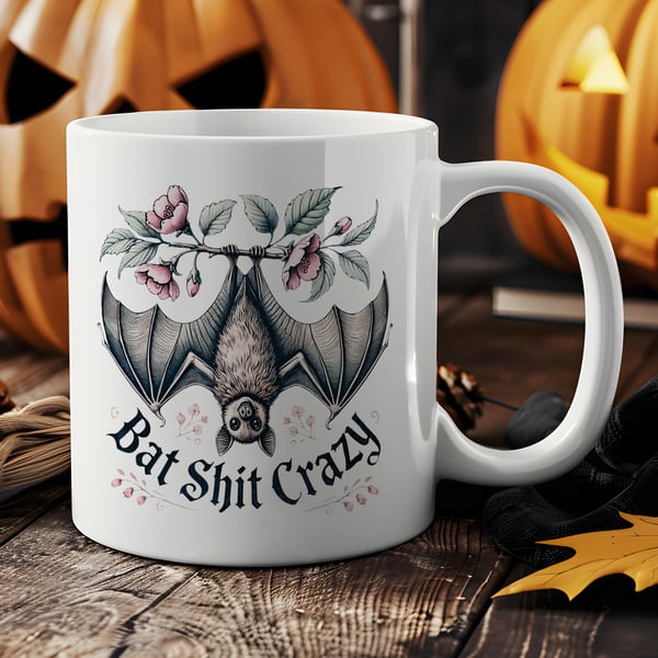 Gothic “Bat Shit Crazy” Mug – Funny Witchy Bat Mug, Goth Coffee Cup, Occult