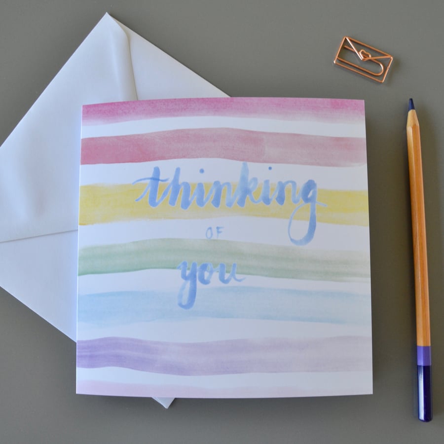 Thinking of You card with rainbow watercolour stripes