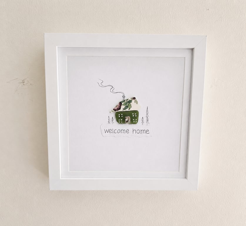 Welcome Home Sea Glass House Picture - Handmade Vintage China Artwork - New Home