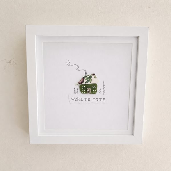Welcome Home Sea Glass House Picture - Handmade Vintage China Artwork - New Home