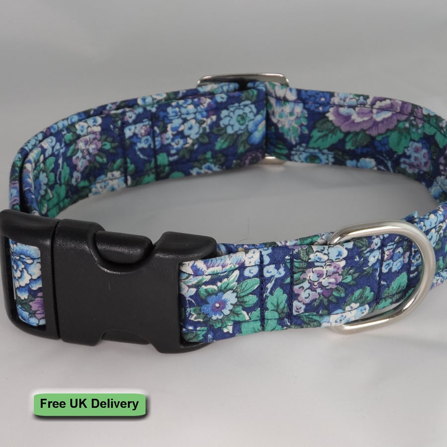 Handmade Liberty Fabric Dog Collar - Dark Blue Floral 