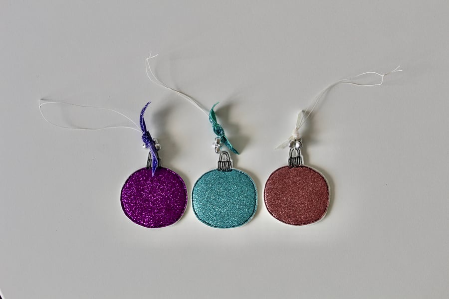 Three Glitter Christmas Baubles - Hanging Decorations