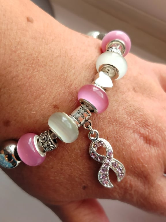 Breast Cancer Awareness Pink Ribbon Charm Bracelet Jewellery Gift 9" 23cms