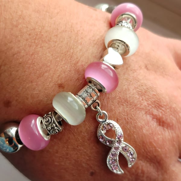 Breast Cancer Awareness Pink Ribbon Charm Bracelet Jewellery Gift 9" 23cms