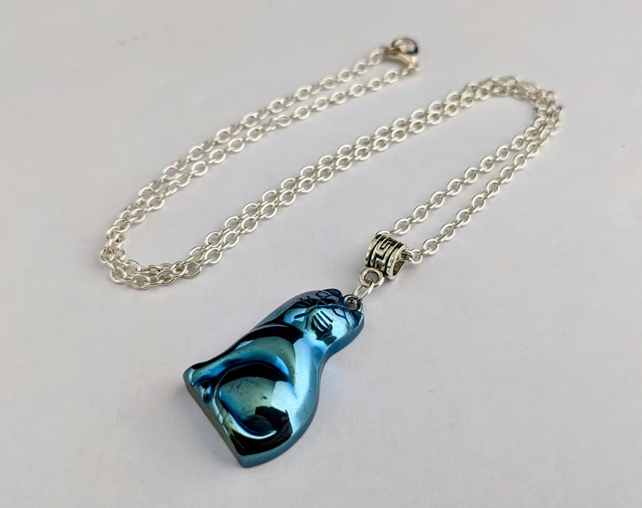 Blue hematite cat necklace