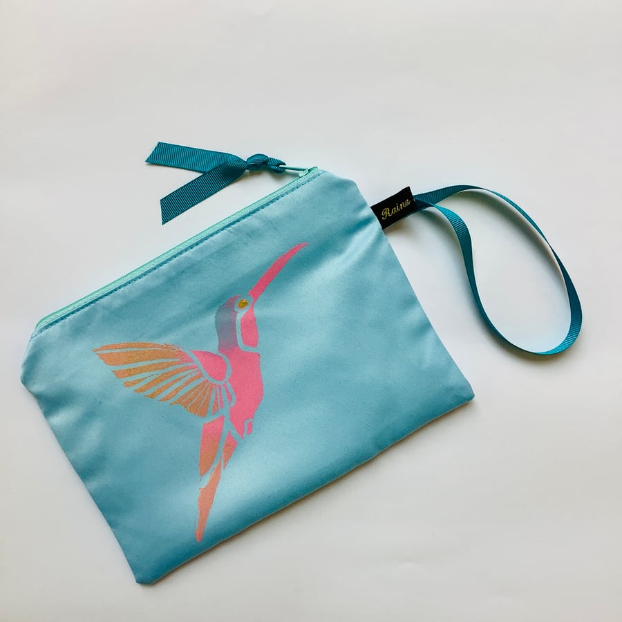 Sky Blue Hummingbird Duchess Satin zip-up pouch