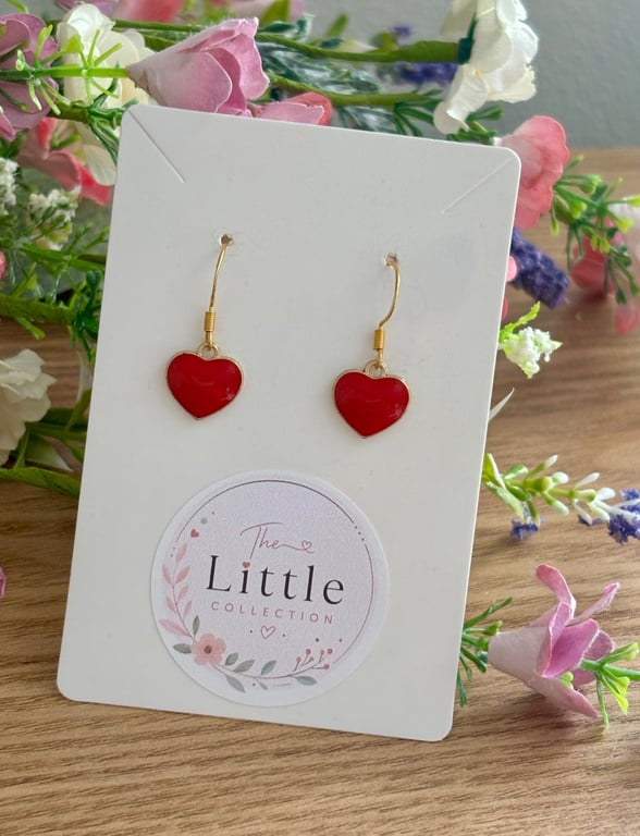 Red Heart Dangle Earrings, Enamel Heart Charms, Handmade Jewellery