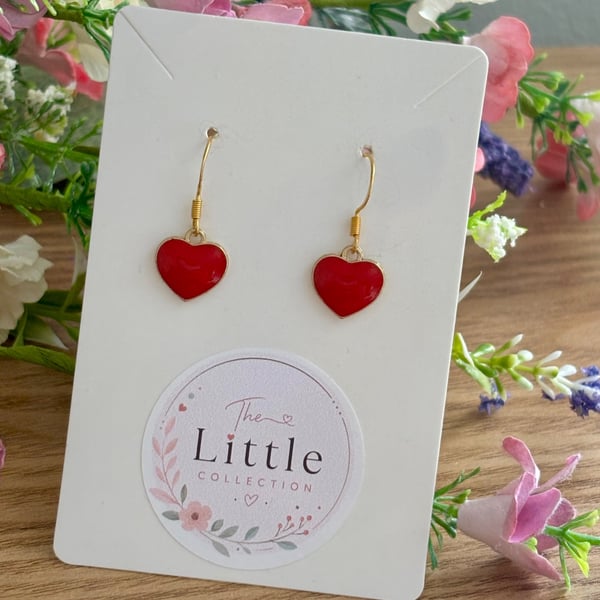 Red Heart Dangle Earrings, Enamel Heart Charms, Handmade Jewellery