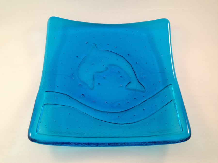 Turquoise Blue Fused Glass Dolphin Plate