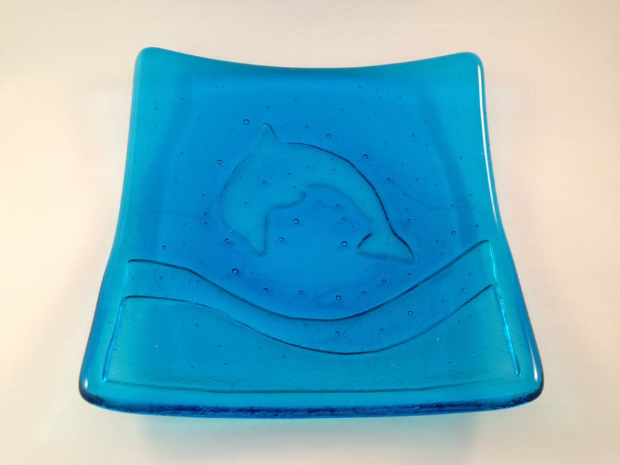 Turquoise Blue Fused Glass Dolphin Plate
