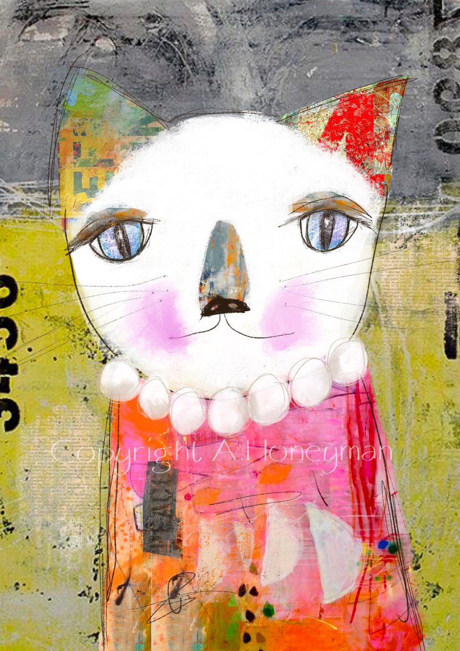 Quirky Cat Mixed Media Art Print