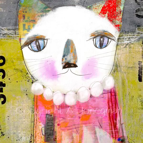 Quirky Cat Mixed Media Art Print