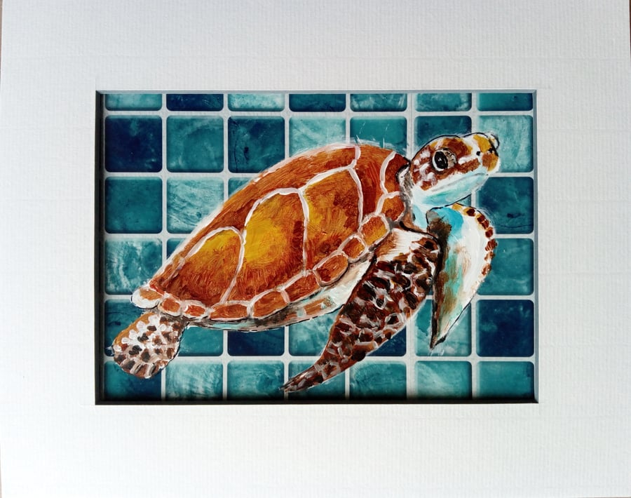 Sea Turtle original painting on turquoise tile label in a mount