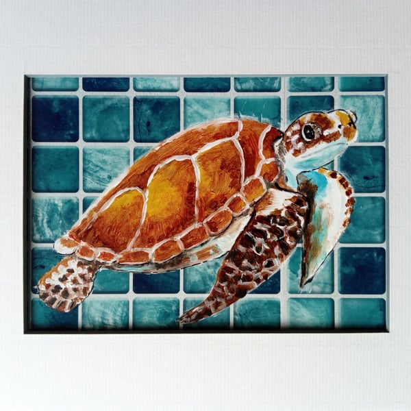 Sea Turtle original painting on turquoise tile label in a mount