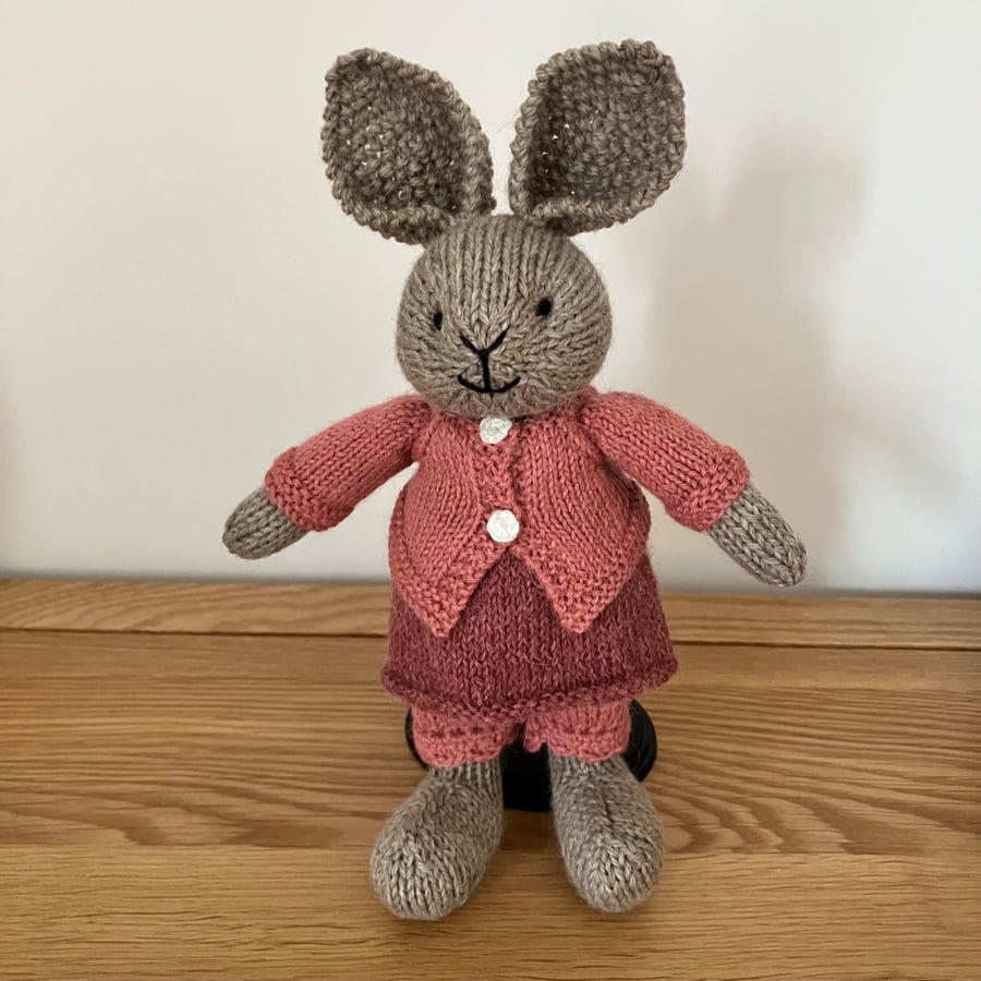 Hand Knitted Rabbit in Pink Outfit