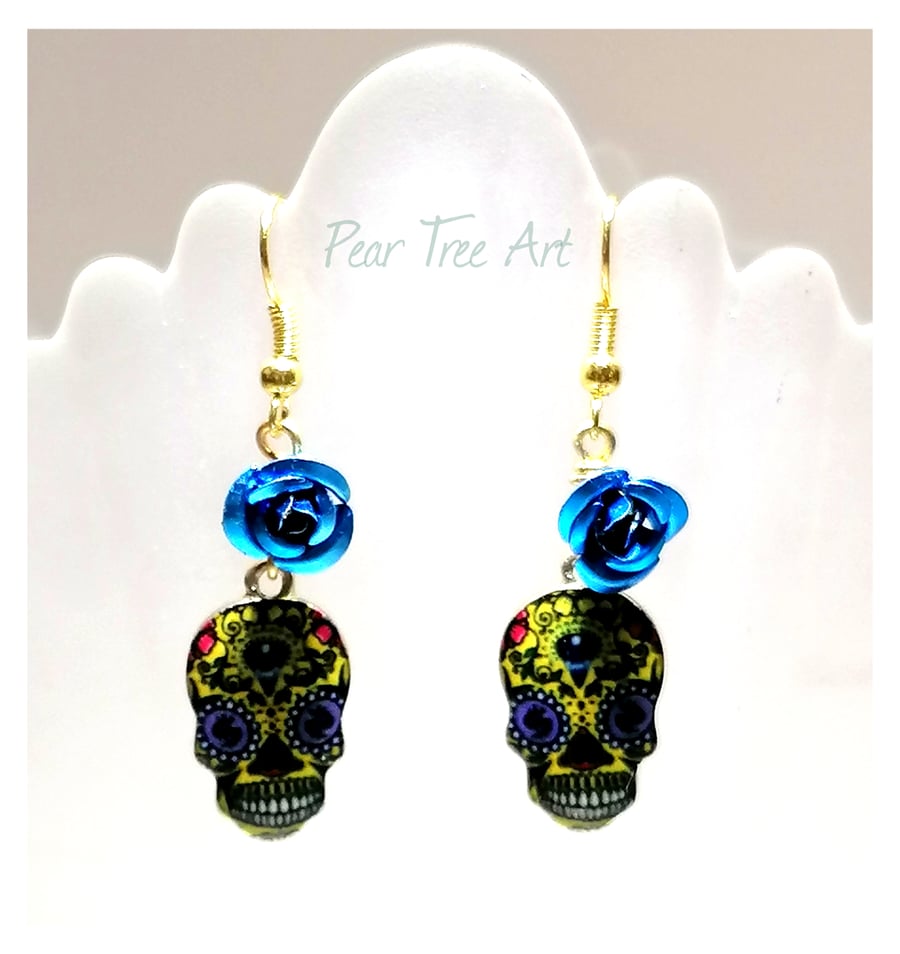 Yellow and Blue Sugar Skull Earrings with Blue Metal Roses 