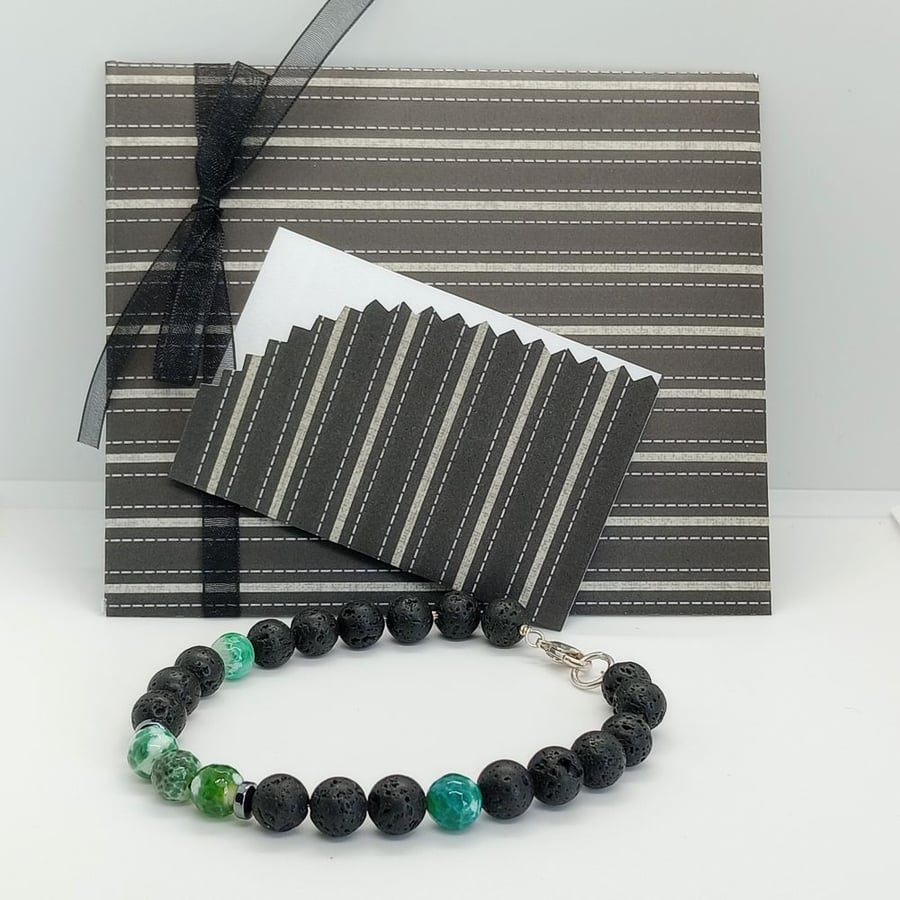 Black Lava Rock Bracelet Green Fire Agate Sterling Silver Bracelet