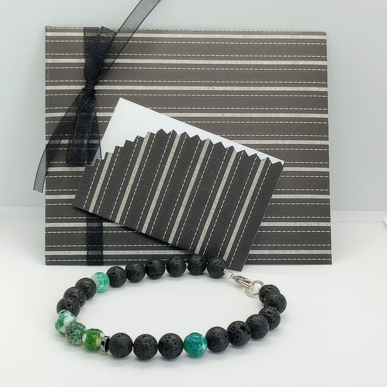 Black Lava Rock Bracelet Green Fire Agate Sterling Silver Bracelet