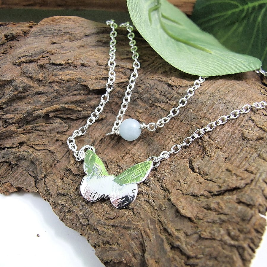 Sterling Silver Layered Necklace with Butterfly and Aquamarine Gemstone