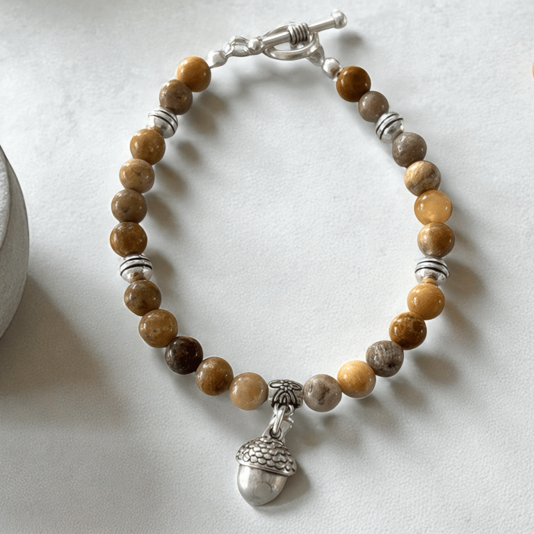 Natural Stone Jasper Bracelet with Acorn Charm