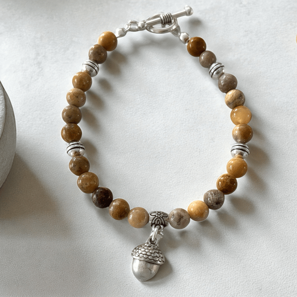 Natural Stone Jasper Bracelet with Acorn Charm,Autumn birthday gift,