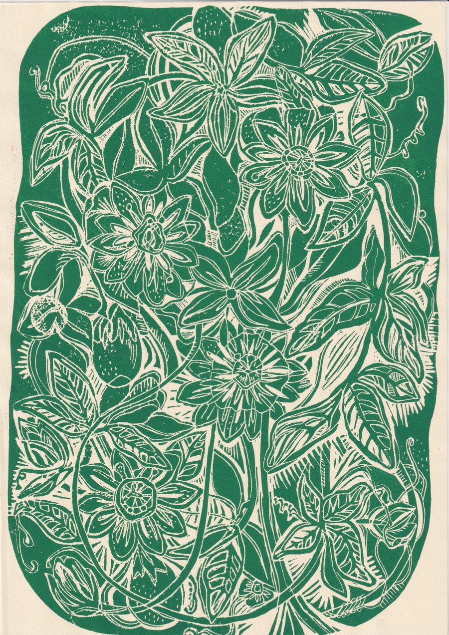 Green Passionflower Linocut Print - A4 Original Art