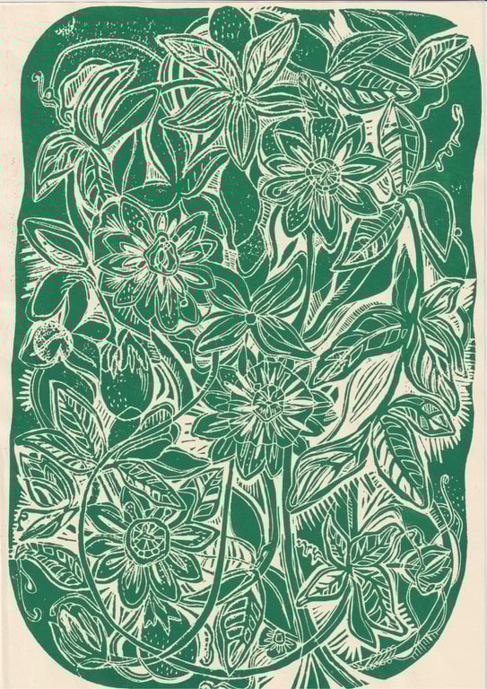 Green Passionflower Linocut Print - A4 Original Art