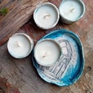 Mushroom ceramic ring dish, trinket plate, rustic stoneware saucer soft blue