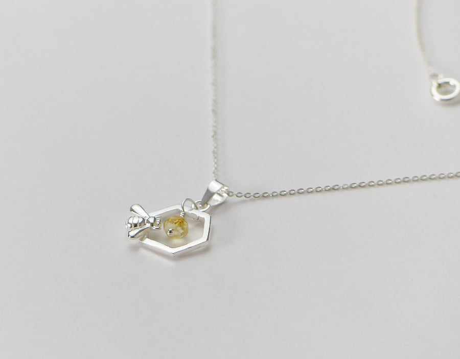 Silver Bee and honeycomb Pendant with Genuine Citrine, November birthstone